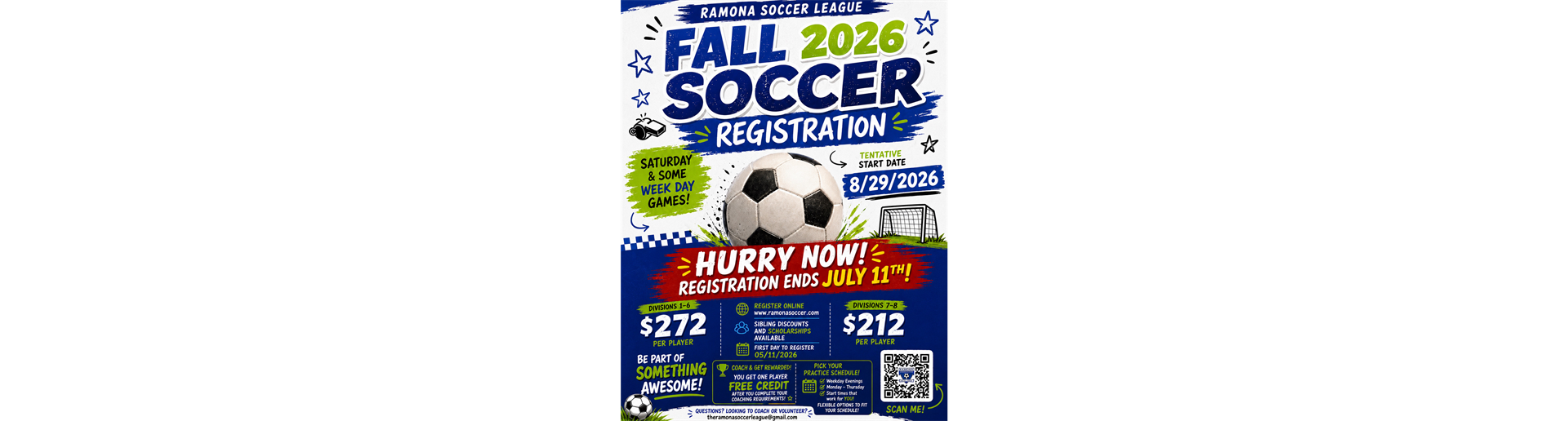 HURRY!! Register NOW for Fall Soccer! Registration ends July 11th